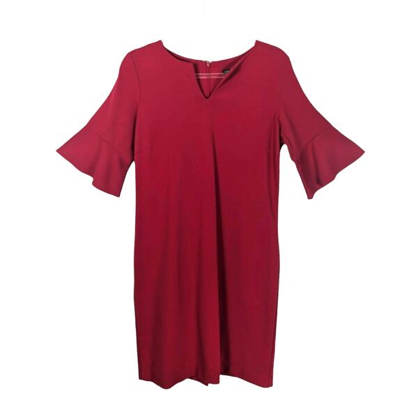 J. McLaughlin Red Ponte Knit Dress Split Neck ¾ Tulip Sleeve Stretch Work Large - Picture 1 of 8